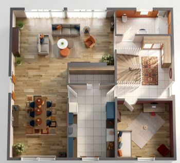 KI-gerenderter 3D-Grundriss eines Familienhauses mit offenem Wohn.