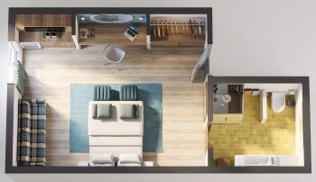 3D-Draufsicht auf ein Hotelzimmer mit Betten, Sofa, Küchenzeile und gelb gefliestem Badezimmer