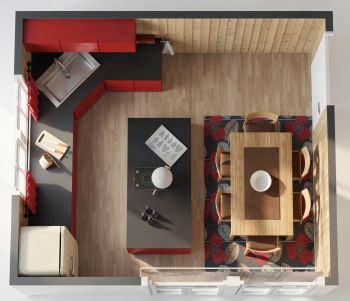 3D render of a kitchen with red cabinets, black countertops.