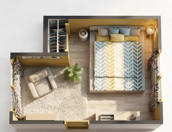 3D-Draufsicht auf ein gelbes Hauptschlafzimmer mit Doppelbett, gemusterter Bettwäsche und Lesesessel