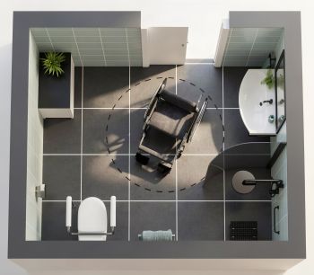 : 3D-Ansicht eines barrierefreien Badezimmers mit Rollstuhl-Wendekreis.