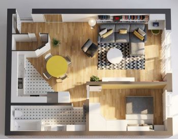 3D floor plan of a one-bedroom apartment.