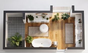 3D render of a boho bathroom with a bathtub, double vanity, and leafy plants.