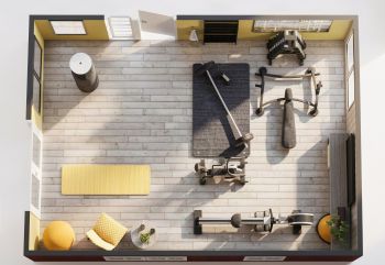 3D-Ansicht eines Fitnessraums mit gelben Akzenten und verschiedenen Trainingsgeräten.