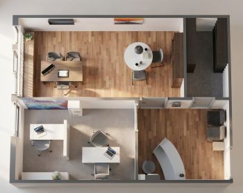 3D view of a small office with two workstations, a private office, and a reception area.