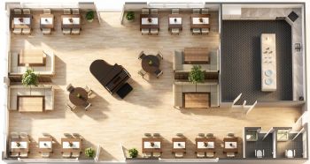 3D restaurant floor plan with dining tables, booth seating, and a grand piano.