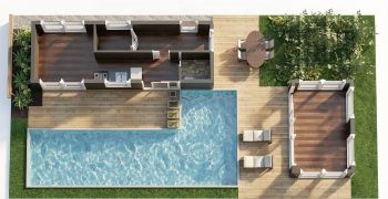 3D-Grundriss eines Containerhauses mit Pool, Holzterrasse und separatem Nebengebäude.