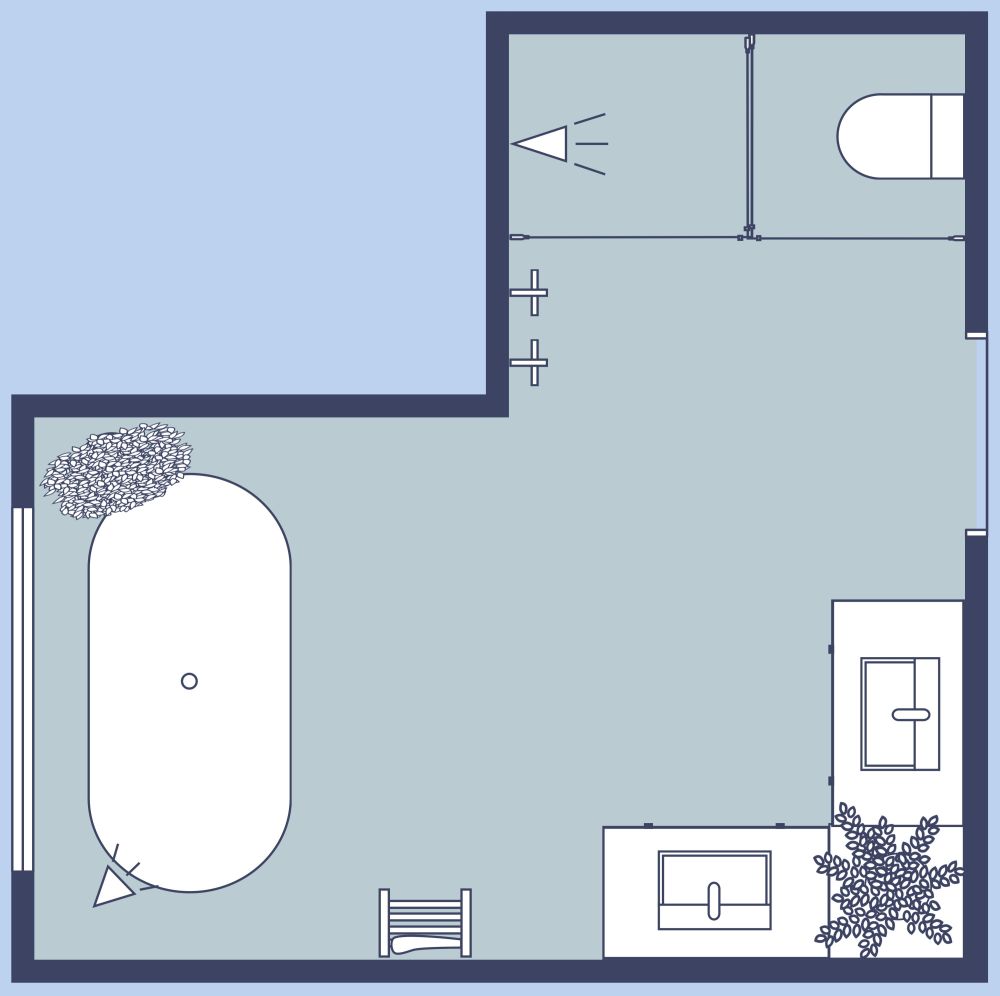 2D floor plan of an L-shaped bathroom showing a bathtub beneath a window, two sinks, and a separate shower and toilet area.
