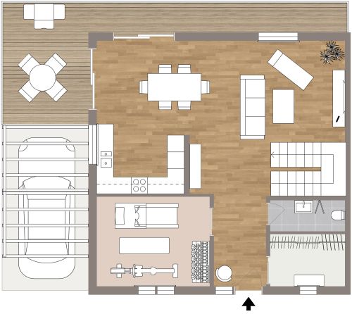 Grundriss im maskulinen Stil mit großer Terrasse