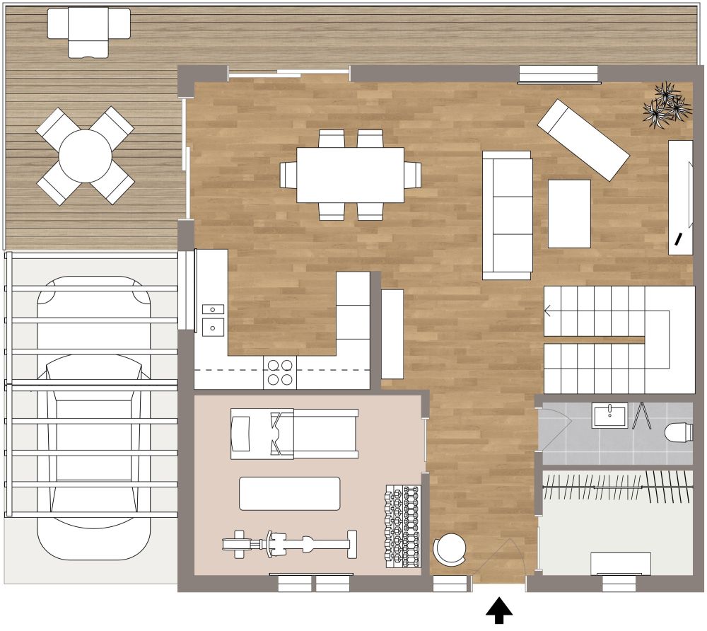 Grundriss im maskulinen Stil mit großer Terrasse 2D Grundrisse