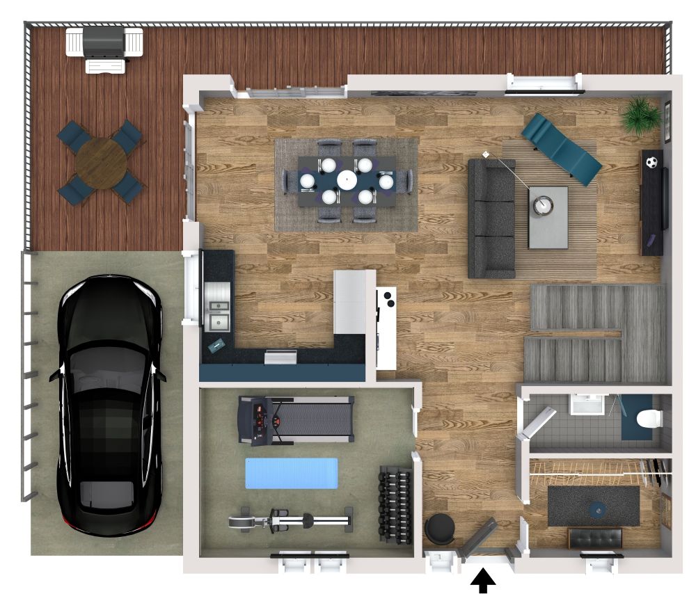 Grundriss im maskulinen Stil mit großer Terrasse
