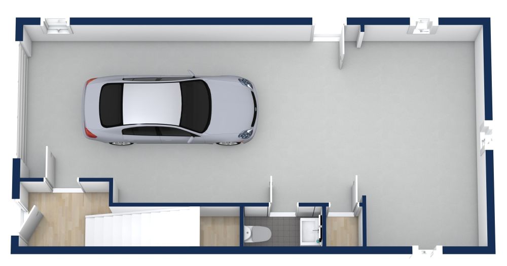 Grundriss für eine Garagenwohnung mit 1 Schlafzimmer 3D Grundrisse