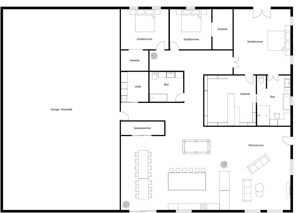 Hausplan mit 3 Schlafzimmern, Garage und Werkstatt 2D Grundrisse