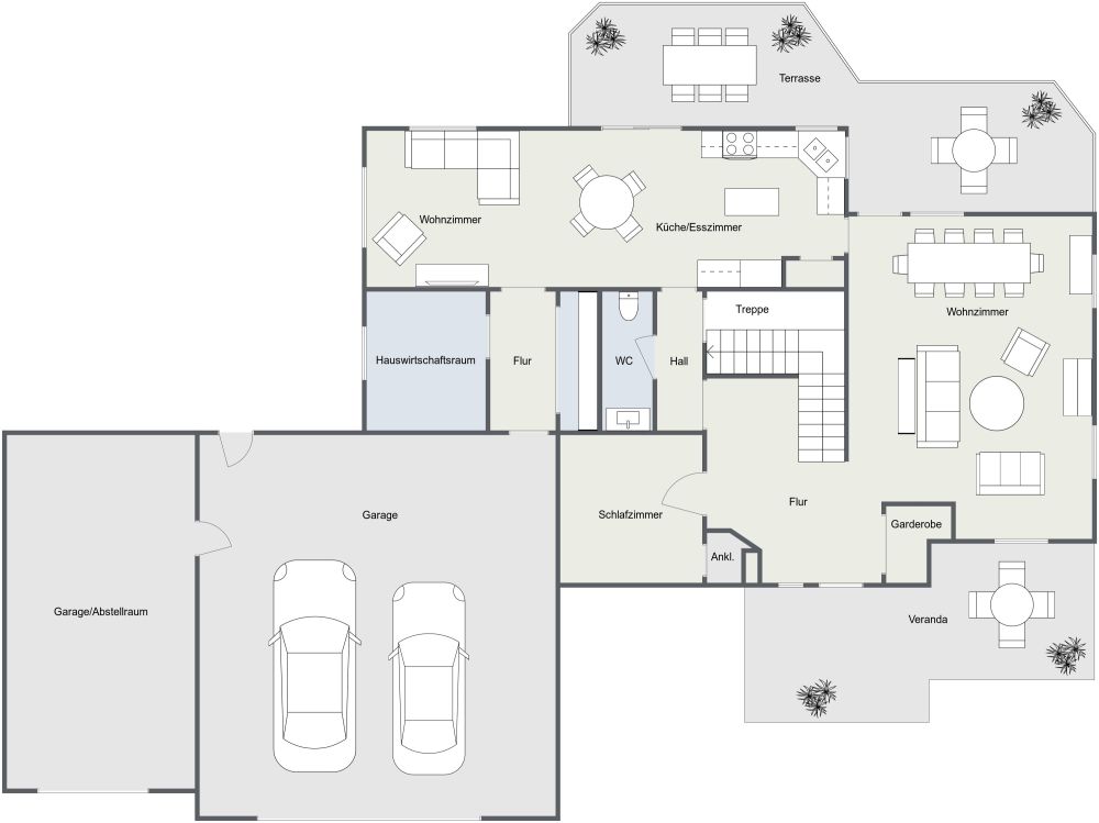 Grundriss für ein Haus mit Doppelgarage 2D Grundrisse