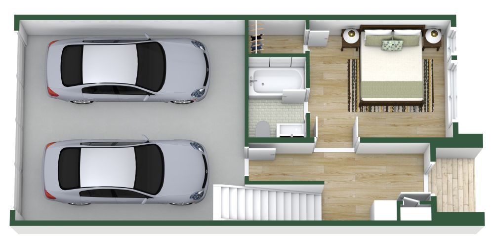 Grundriss mit großer Küche und Doppelgarage 3D Grundrisse