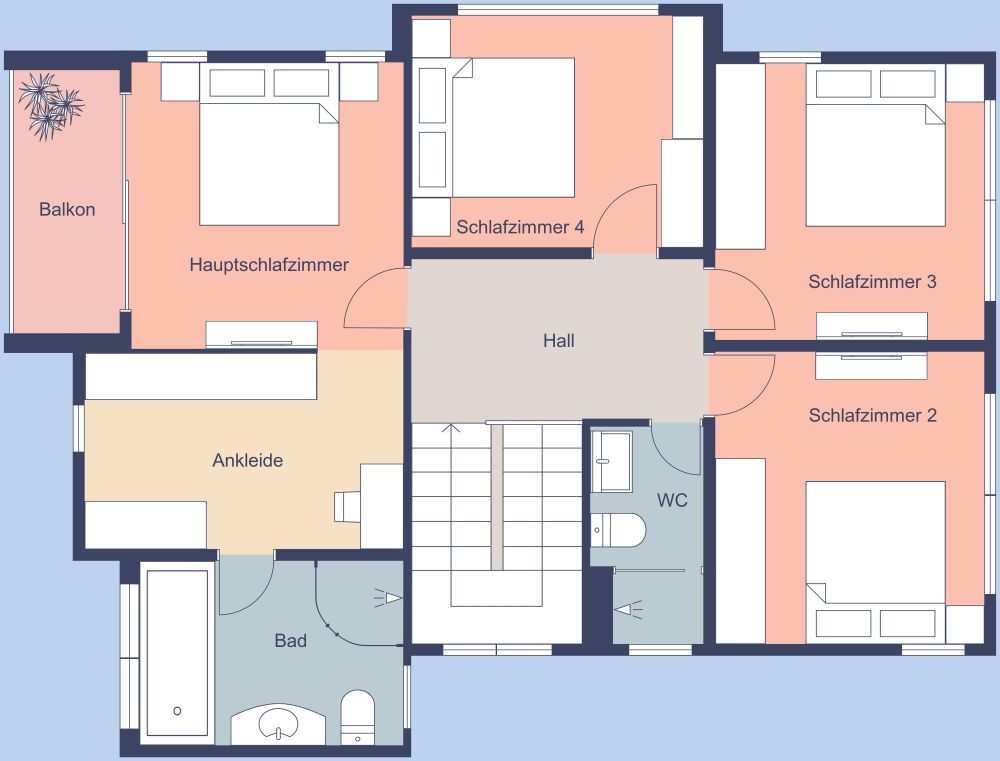 Grundriss für ein stilvolles Haus mit 5 Schlafzimmern und rosa Details 2D Grundrisse