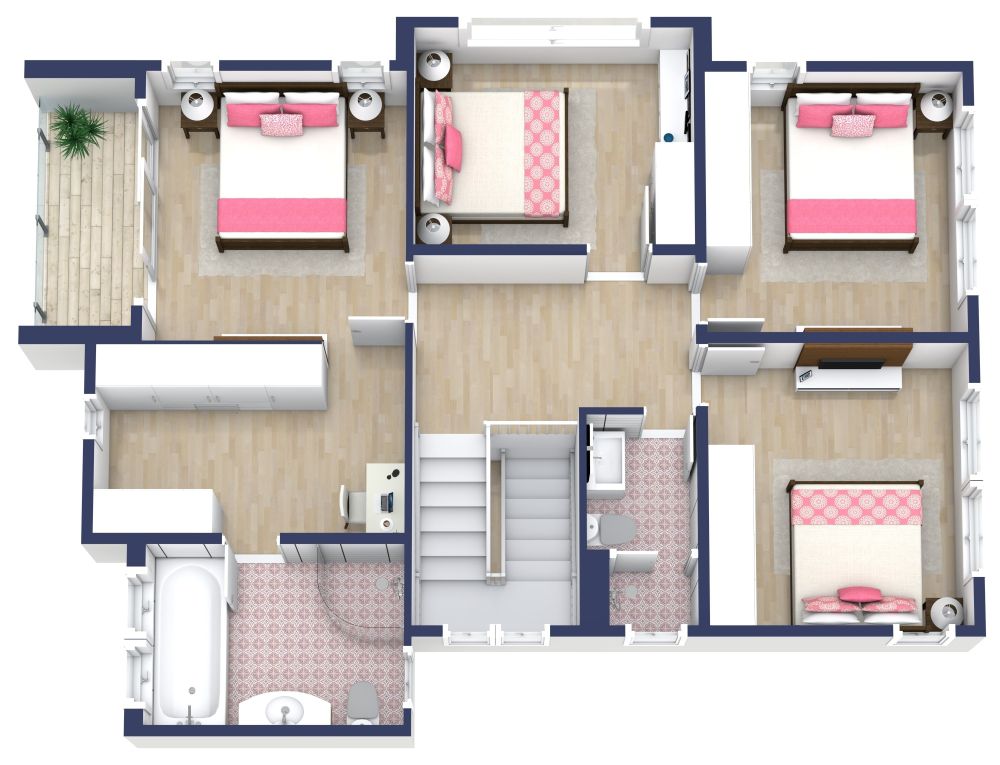 Grundriss für ein stilvolles Haus mit 5 Schlafzimmern und rosa Details 3D Grundrisse