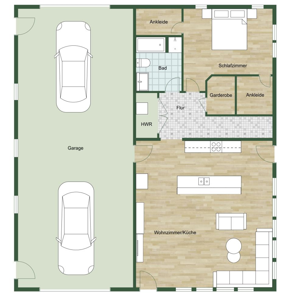 Grundriss für eine große Garagenwohnung mit zwei Türen 2D Grundrisse