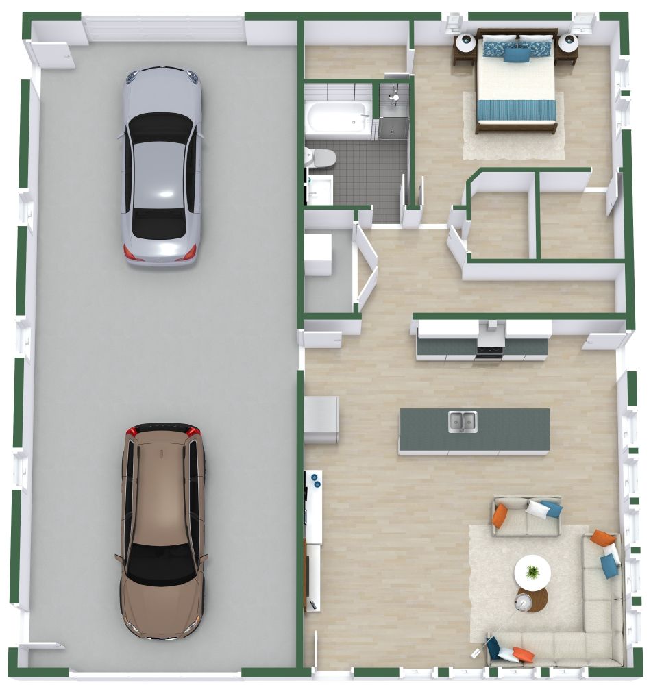 Grundriss für eine große Garagenwohnung mit zwei Türen