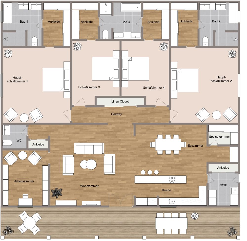 Haus mit 4 Schlafzimmern und 1 Arbeitszimmer 2D Grundrisse