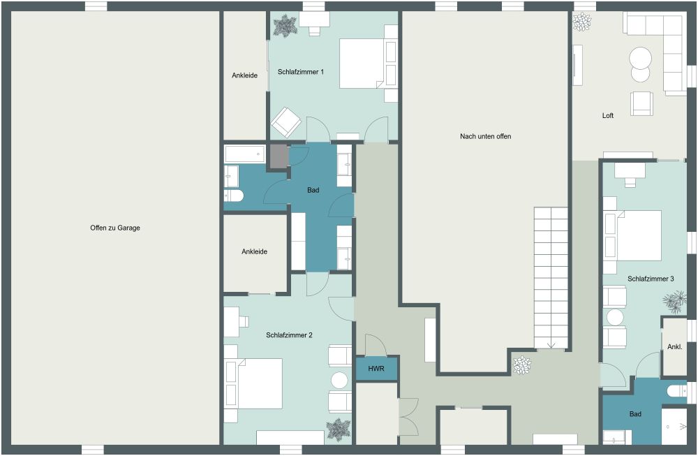 2-stöckiges Haus mit 4 Schlafzimmern und großer Garage 2D Grundrisse
