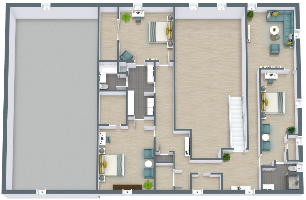 2-stöckiges Haus mit 4 Schlafzimmern und großer Garage 3D Grundrisse