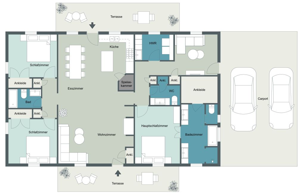 Modernes Haus mit 3 Schlafzimmern und 3 Bädern 2D Grundrisse