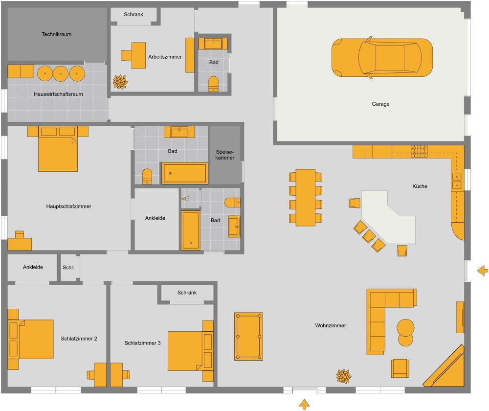 Hausplan mit 3 Schlafzimmern und Garage 2D Grundrisse