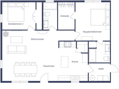 Grundriss mit 2 Schlafzimmern und 2 Bädern