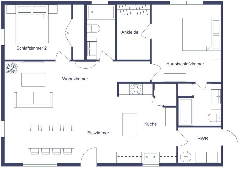 Grundriss mit 2 Schlafzimmern und 2 Bädern 2D Grundrisse
