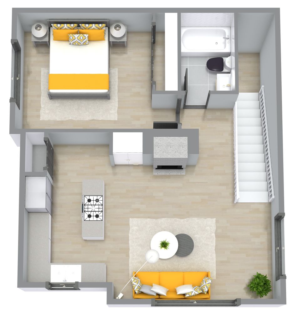Grundriss für eine Garagenwohnung mit Kamin