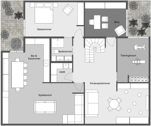 Keller-Grundriss mit zentraler Treppe