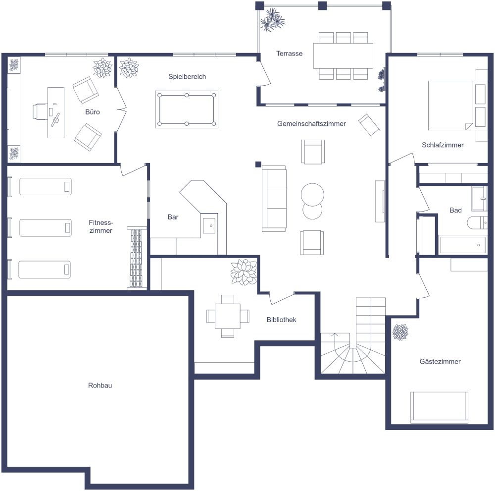 Keller mit offenem Grundriss 2D Grundrisse