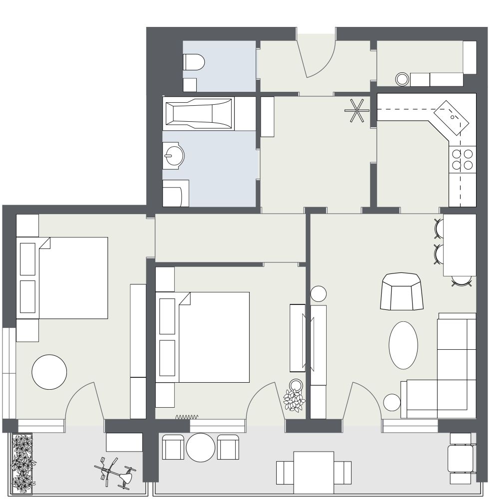 Grundriss für eine 3-Zimmer-Wohnung 2D Grundrisse