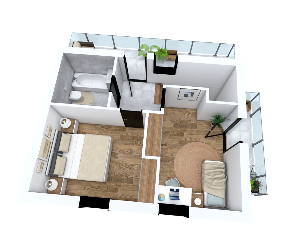 Kleines Haus mit zwei Schlafzimmern 3D Grundrisse