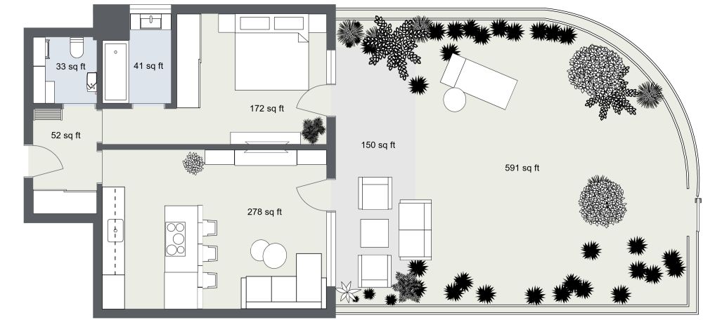 Kleines Haus mit einem Schlafzimmer und Garten 2D Grundrisse