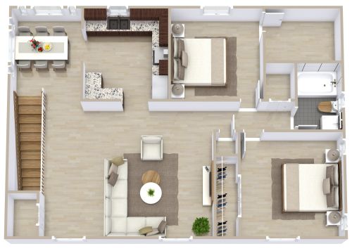 Grundriss für eine Garagenwohnung mit 2 Schlafzimmern