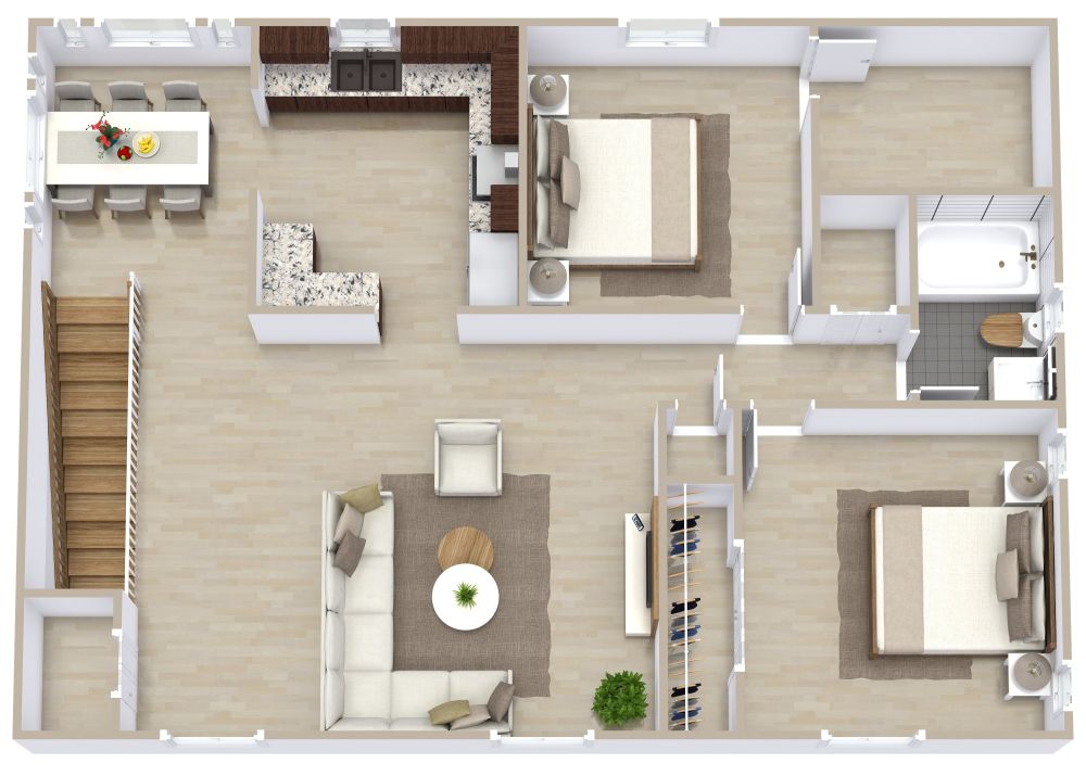 Grundriss für eine Garagenwohnung mit 2 Schlafzimmern