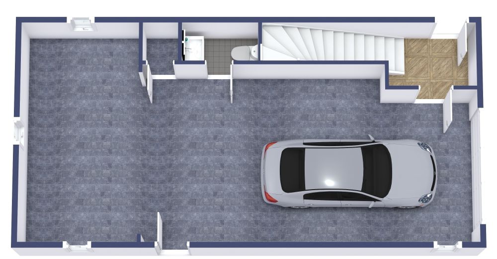 3D Ground Floor 2 Bedroom Garage Layout With Balcony