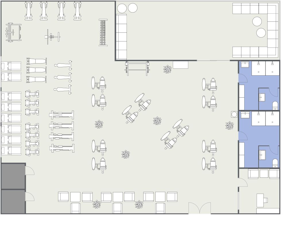 Fitnessstudio mit Loungebereich im Freien 2D Grundrisse