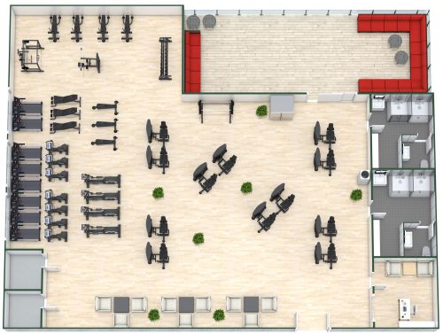Fitnessstudio mit Lounge-Bereich im Freien