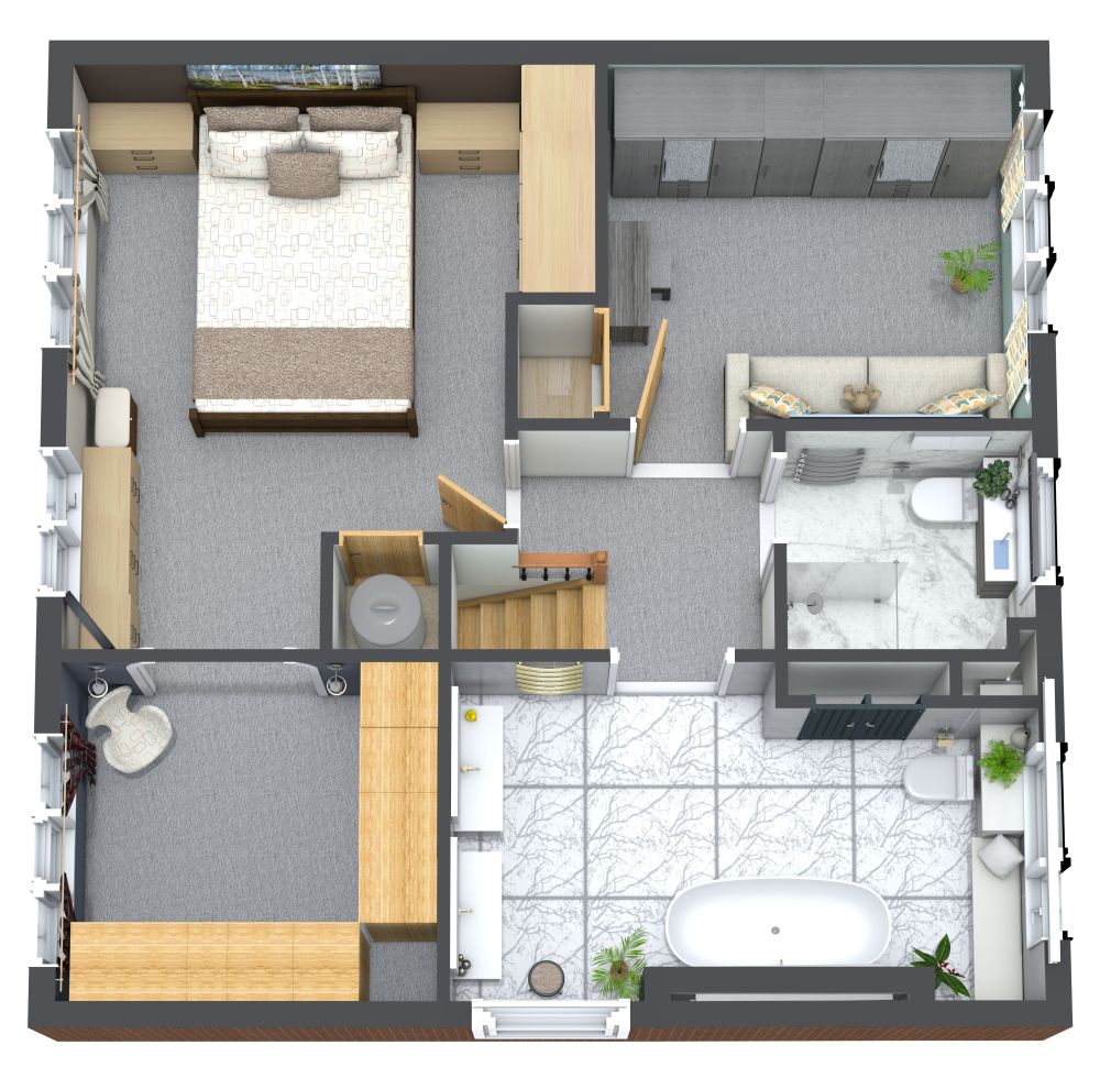 2 Bedroom House Plan Under 1000 sq ft 3D Floor Plan