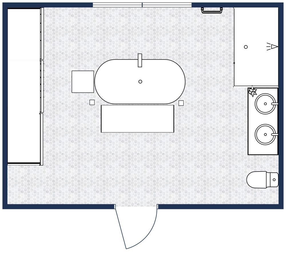 2D bathroom floor plan showing a central oval bathtub, double sinks, a corner shower, toilet, and wardrobes along one wall.