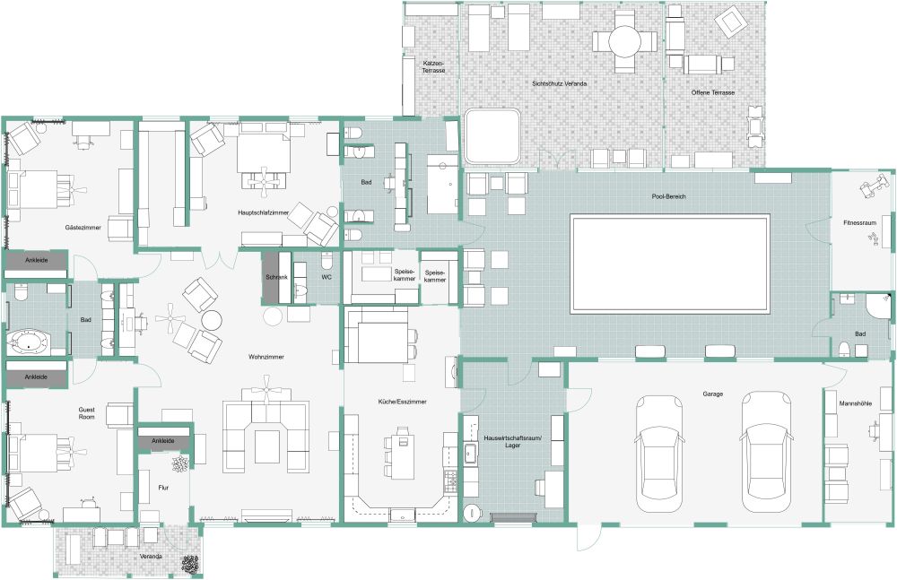 Einstöckiges Haus mit 3 Schlafzimmern 2D Grundrisse