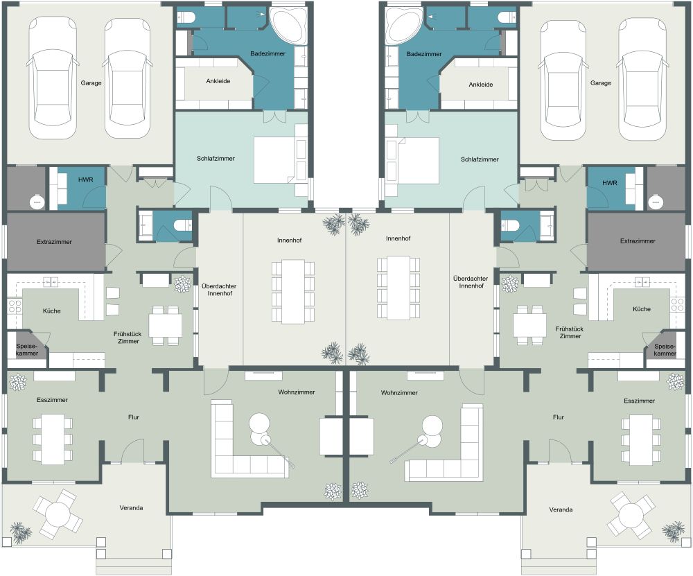 Einstöckiger Doppelhausplan 2D Grundrisse