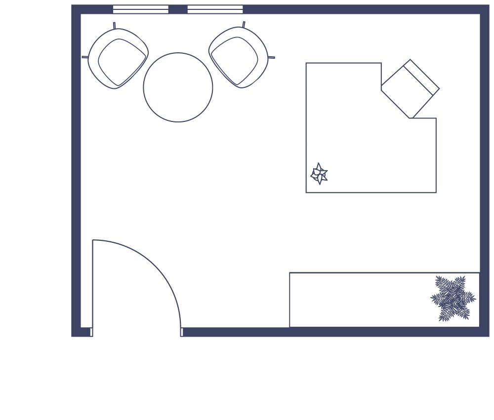 Kleines Büro in blauen Farben 2D Grundrisse