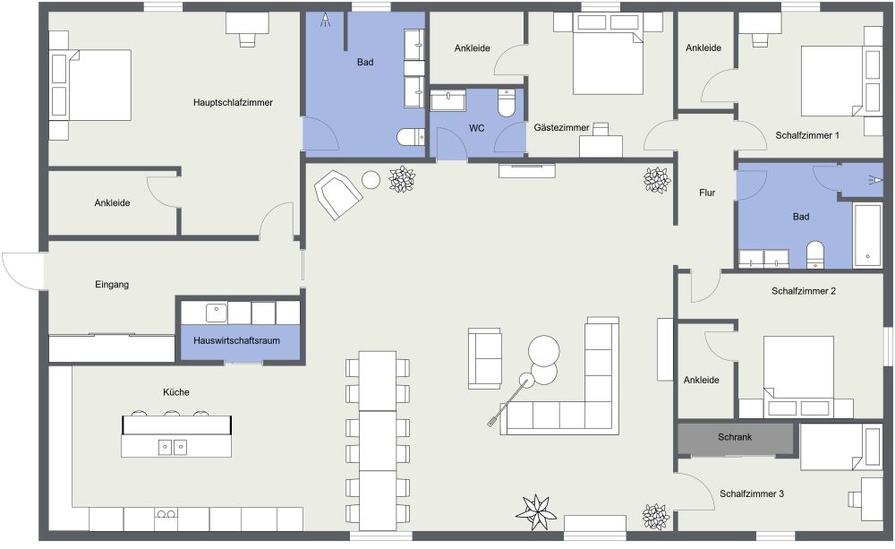 Wohnungsplan mit 5 Schlafzimmern 2D Grundrisse