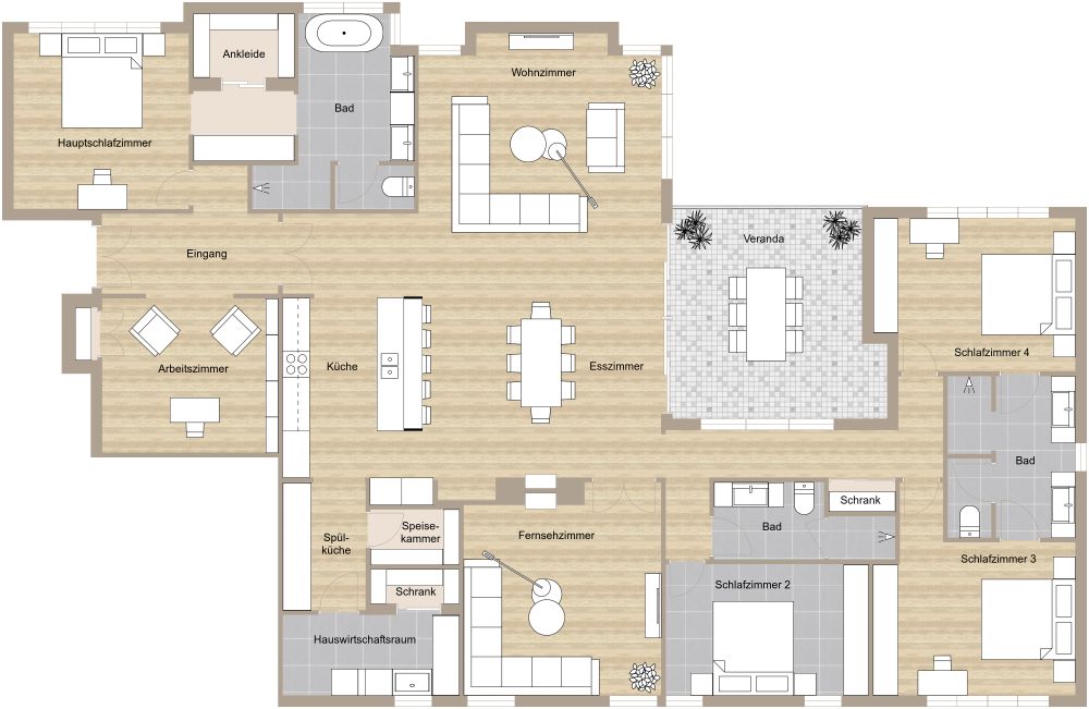 Wohnungslayout mit 5 Schlafzimmern 2D Grundrisse