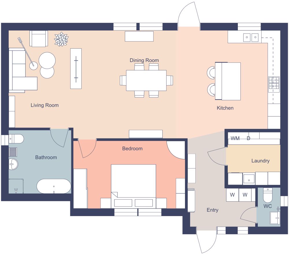 2D floor plan of a one-bedroom house with an open kitchen, living and dining areas, laundry room, and one and a half bathrooms.