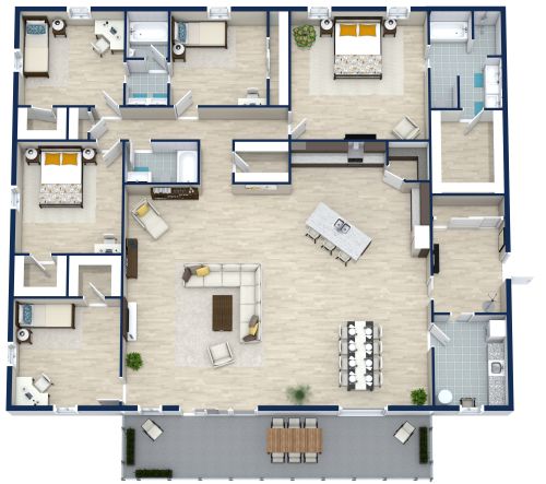 Wohnungsplan mit 5 Schlafzimmern und 3 Bädern